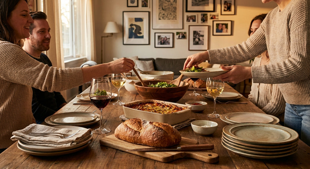 Cozy potluck dinner table loaded with homemade dishes and wine glasses