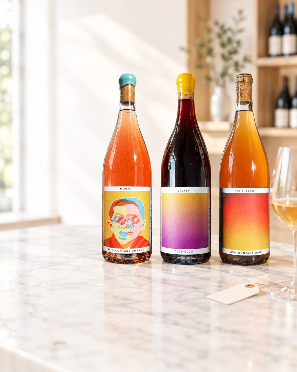 Tinto Amorio Natural Wine Sampler bottles (Monje, Jajaja, '22 Bheeyo) on a bright marble tasting bar beside a blank tag and a glass of orange wine
