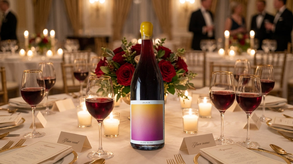 Jajaja glou glou red wine bottle on a candlelit charity gala table with gold-rimmed glasses