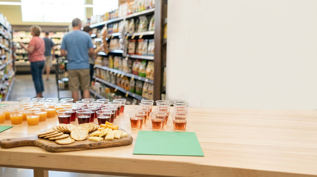 Organic wine tasting table with sample cups of orange and red wine at a grocery store event