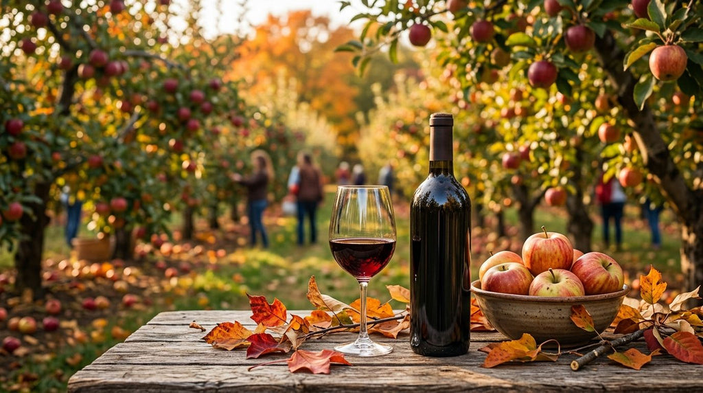 Organic red wine for autumn apple orchard visits