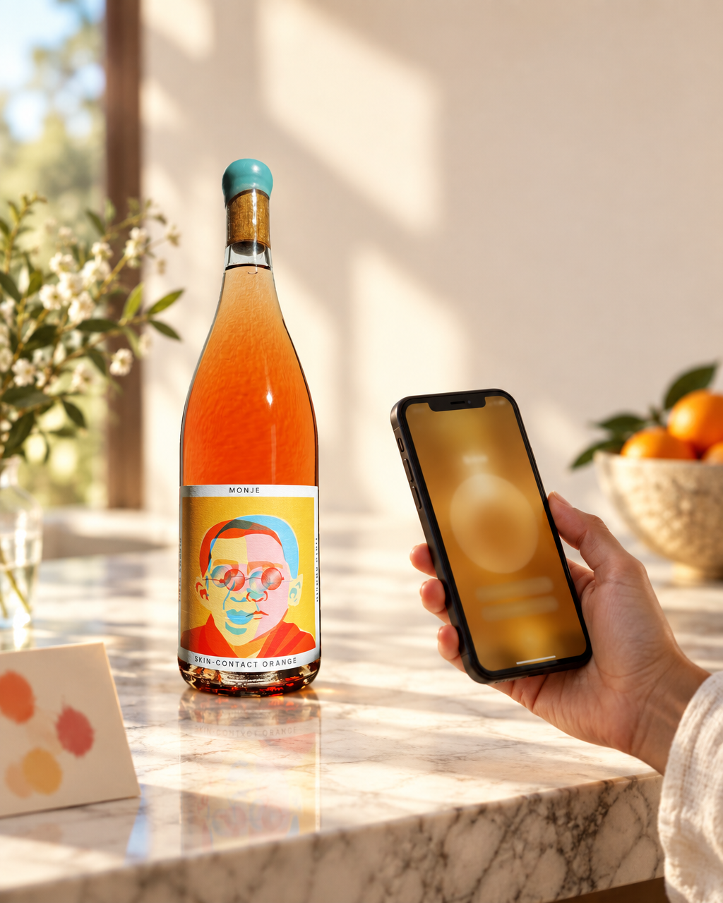 Tinto Amorio Monje skin-contact orange wine bottle on a sunlit marble counter beside a hand holding a smartphone
