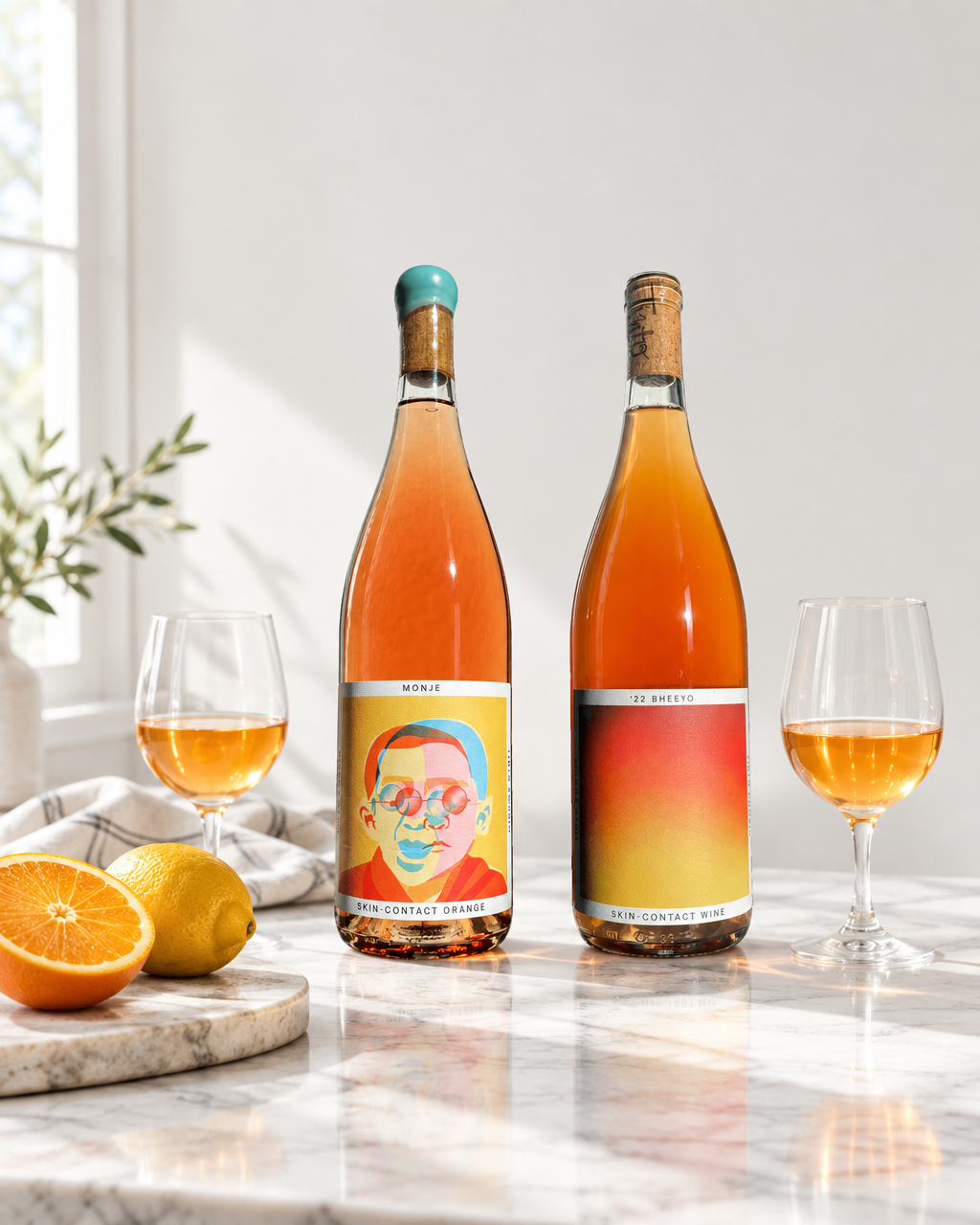 Tinto Amorio Orange Wine Sampler — Monje and '22 Bheeyo skin-contact orange wine bottles on a marble counter with citrus in morning light