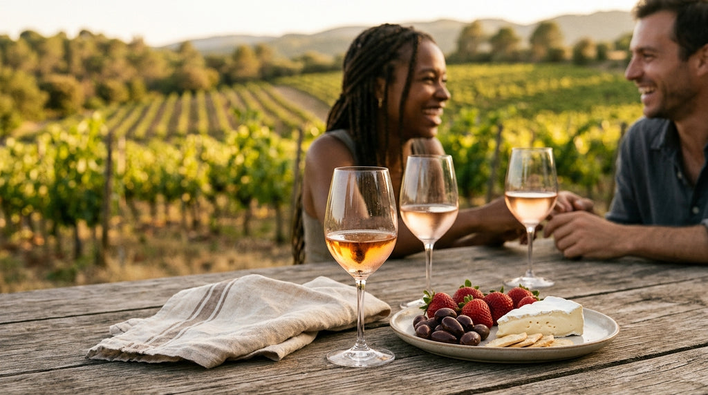 Golden-hour vineyard picnic with glasses of dry organic rosé wine, strawberries, olives and cheese — bottle-free editorial scene