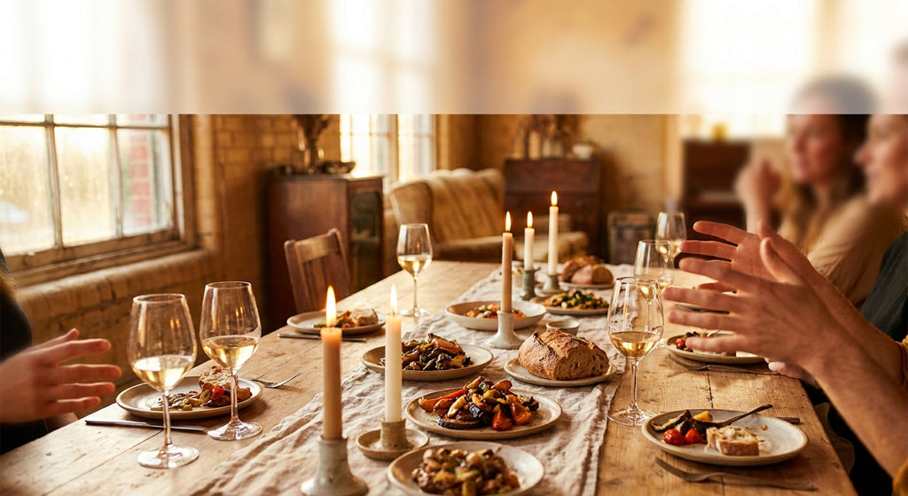 Candlelit supper club table with glasses and shared plates, no bottles — skin-contact wine dinner scene