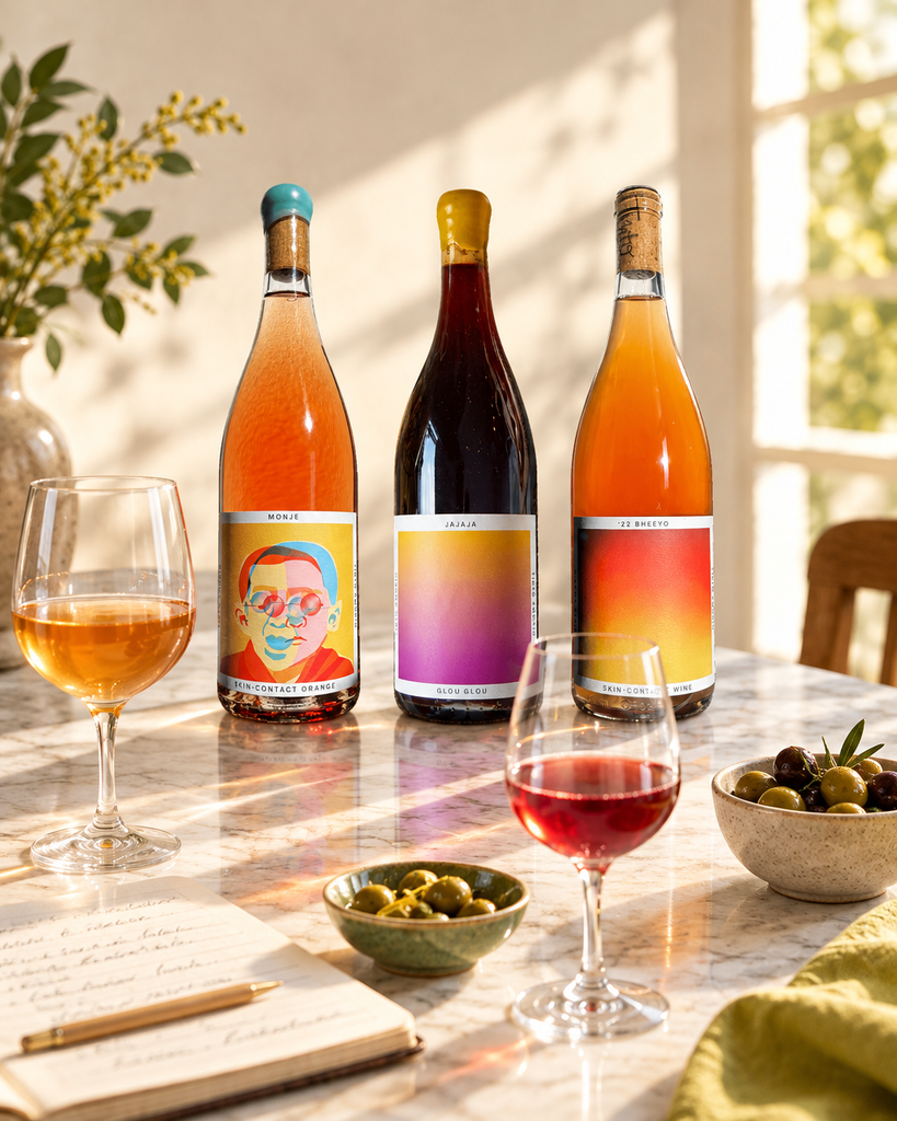 Tinto Amorio Natural Wine Sampler (Monje, Jajaja, '22 Bheeyo) behind poured tasting glasses on a sunlit marble tasting table