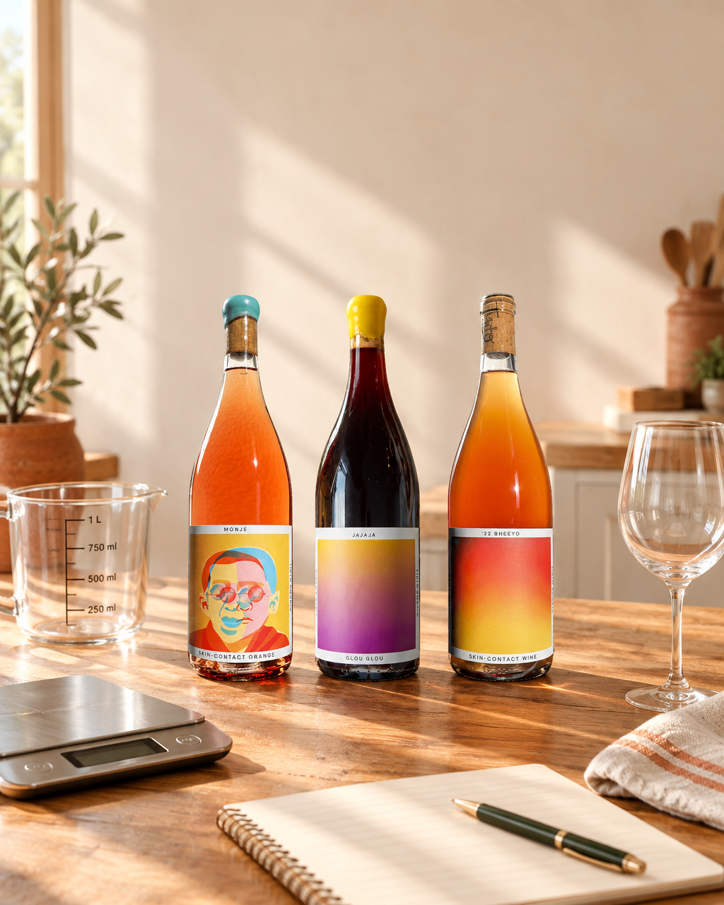 Tinto Amorio Natural Wine Sampler bottles (Monje, Jajaja, '22 Bheeyo) on a sunlit kitchen table beside a measuring jug, kitchen scale and notebook