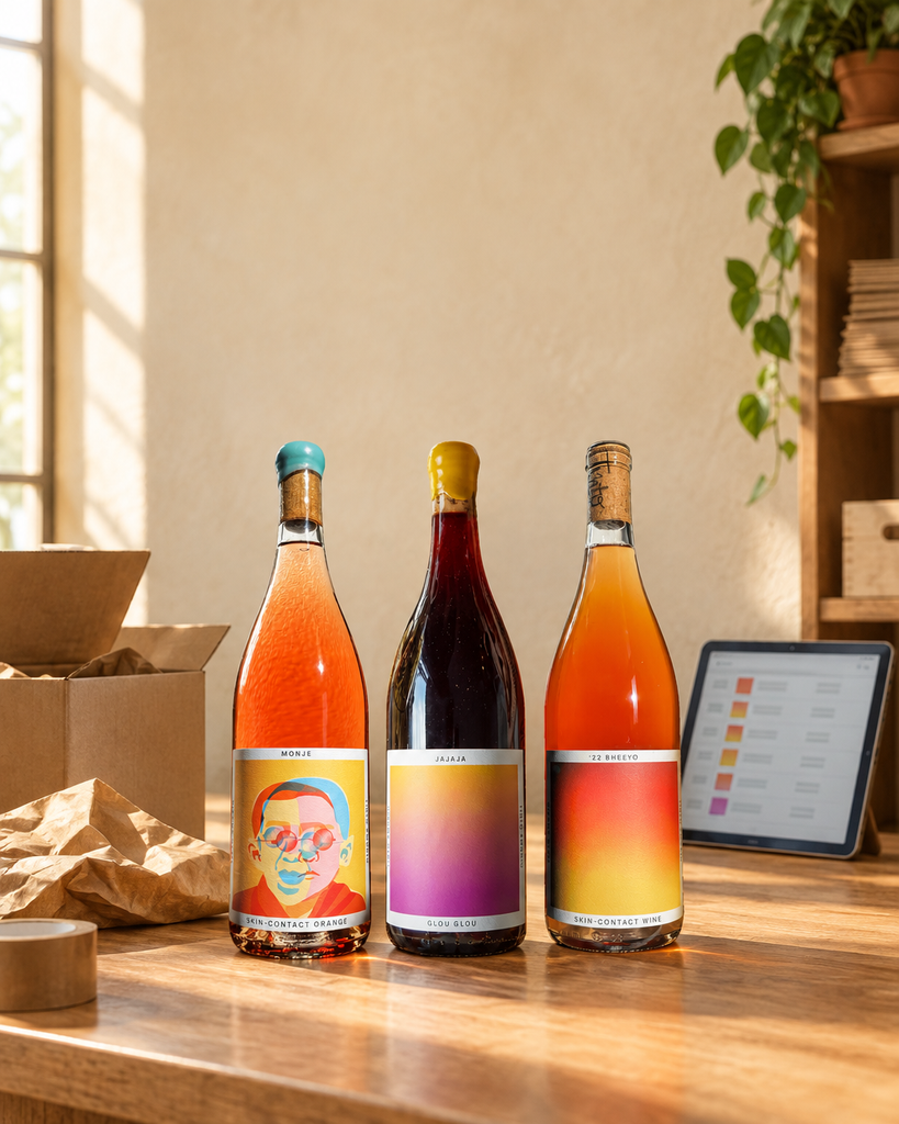 Tinto Amorio Natural Wine Sampler bottles (Monje, Jajaja, '22 Bheeyo) on a winery packing-room counter beside a tablet showing an inventory list