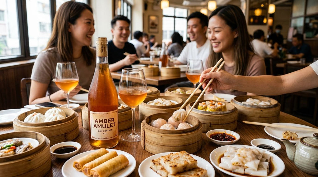 Skin-contact wine for dim sum brunch spreads