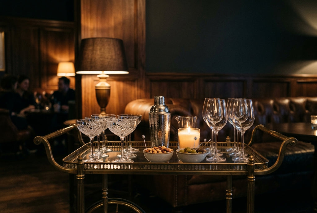 Tinto Amorio natural wine sampler styled on a boutique hotel bar cart