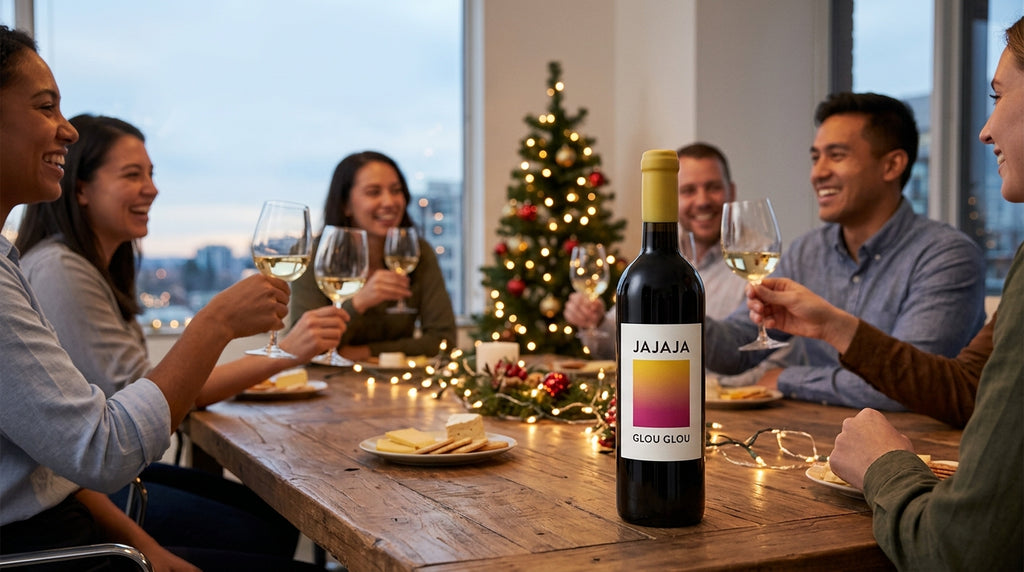 Jajaja Glou Glou red wine bottle on the table at an office holiday party