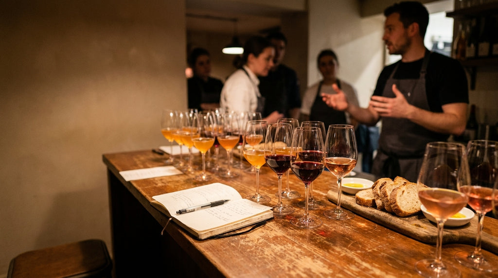 Restaurant staff tasting glasses of orange and red natural wine during training