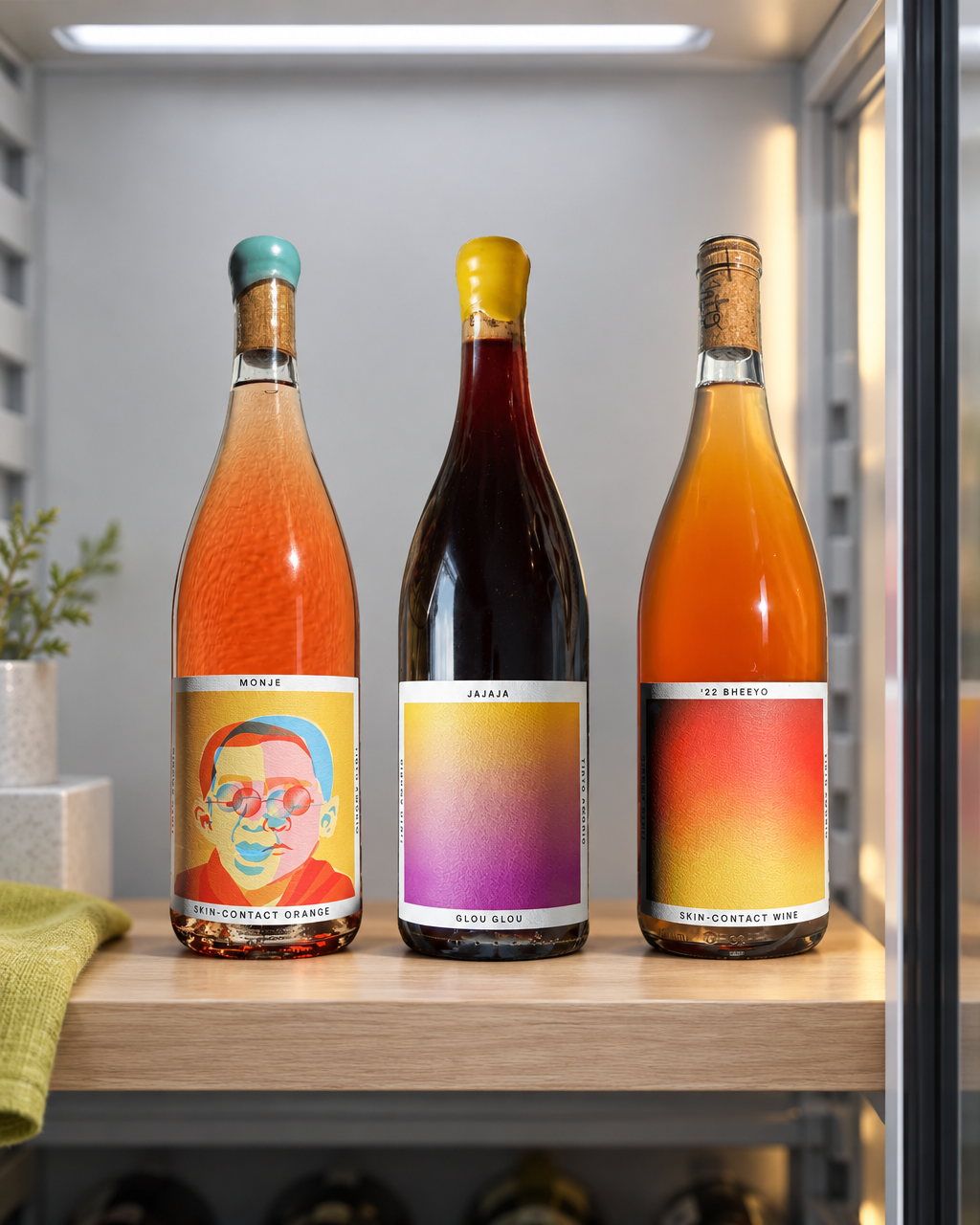 Tinto Amorio Natural Wine Sampler (Monje, Jajaja, '22 Bheeyo) upright on a shelf inside a modern wine fridge