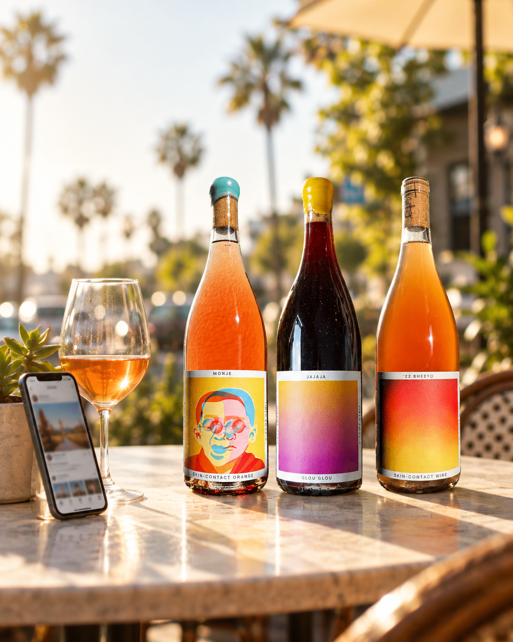 Tinto Amorio Natural Wine Sampler bottles (Monje, Jajaja, '22 Bheeyo) on a sunlit cafe table beside a phone showing an Instagram feed