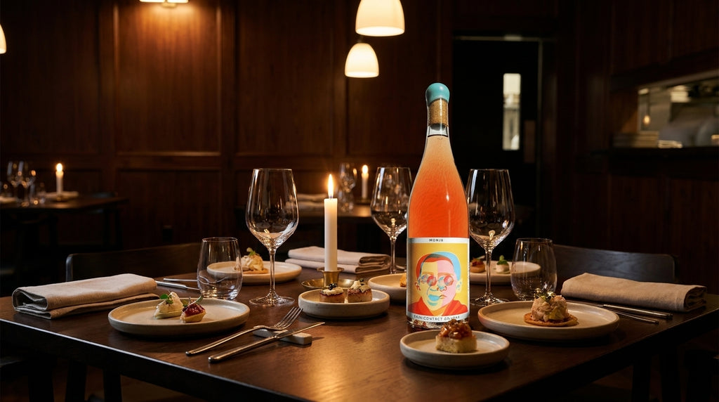 Monje skin-contact orange wine bottle on a candlelit degustation tasting table