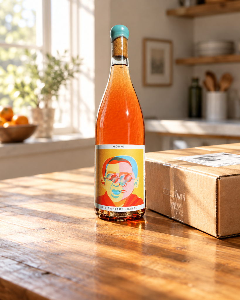 Tinto Amorio Monje skin-contact orange wine bottle beside a shipping box on a sunlit kitchen table