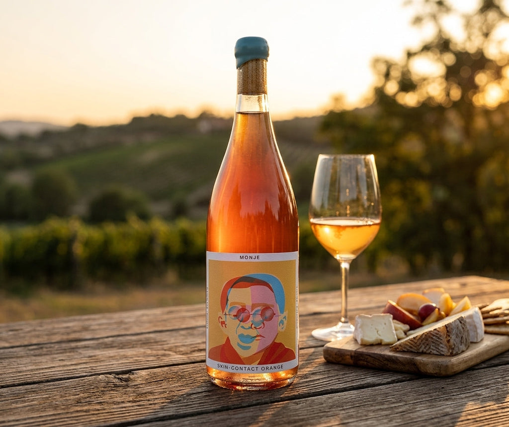 Monje skin-contact orange wine bottle on a rustic vineyard table at golden hour with a cheese board