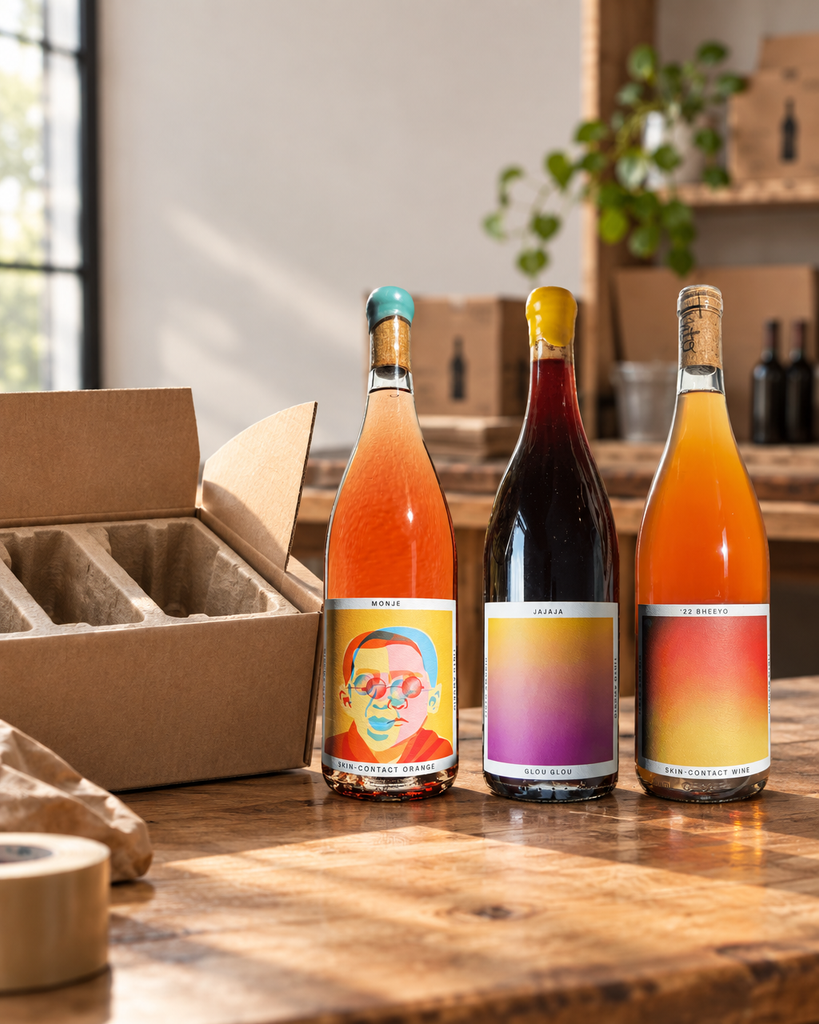 Tinto Amorio Natural Wine Sampler bottles (Monje, Jajaja, '22 Bheeyo) beside an open kraft shipping box in a winery packing room