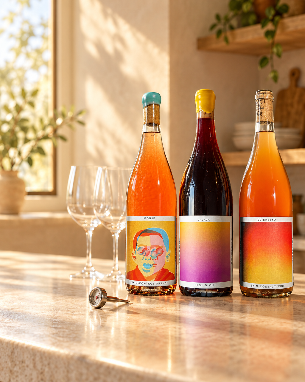 Tinto Amorio Natural Wine Sampler bottles (Monje, Jajaja, '22 Bheeyo) on a sunlit kitchen counter beside a wine thermometer and empty glasses
