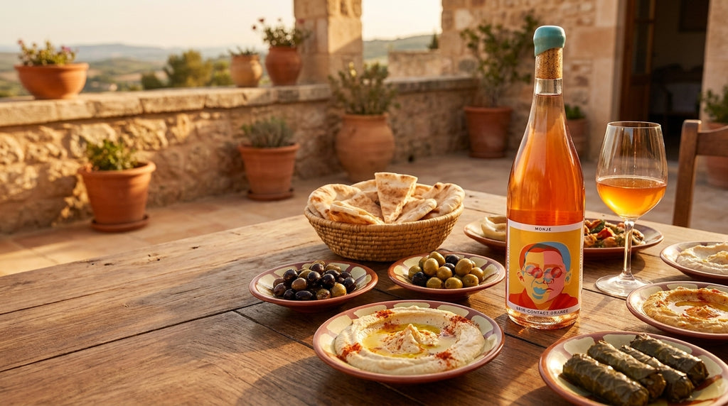 Monje skin-contact orange wine on a mezze table with hummus, olives and pita