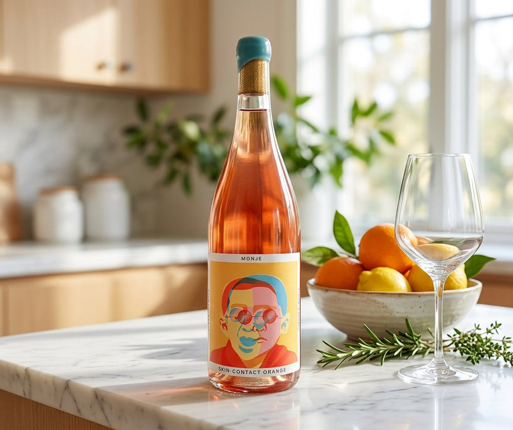 Monje skin-contact orange wine bottle on a sunlit marble kitchen counter with fresh citrus