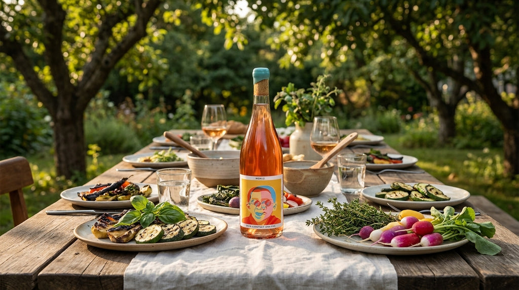 Monje skin-contact orange wine bottle on a garden-to-table dinner table at golden hour