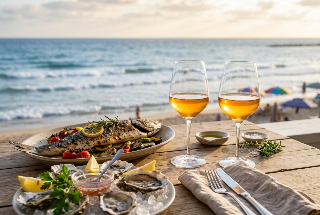 Monje orange wine with grilled fish and oysters at a seaside table