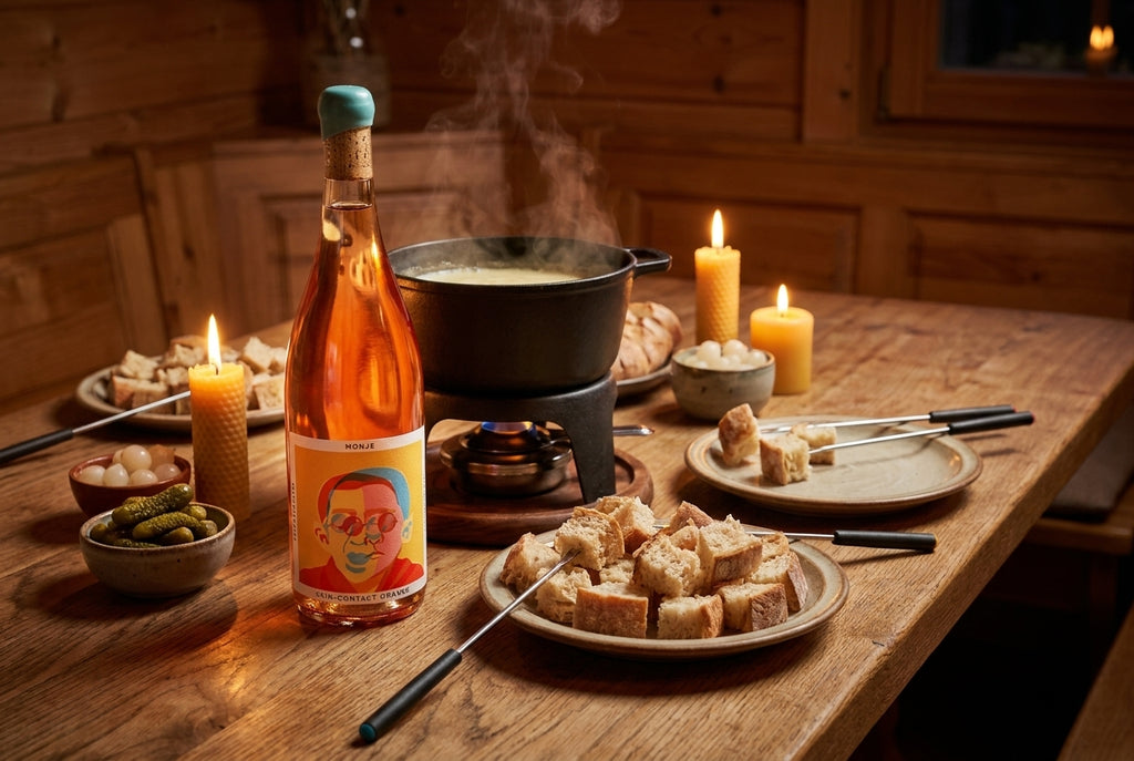 Monje orange wine with cheese fondue on a candlelit table