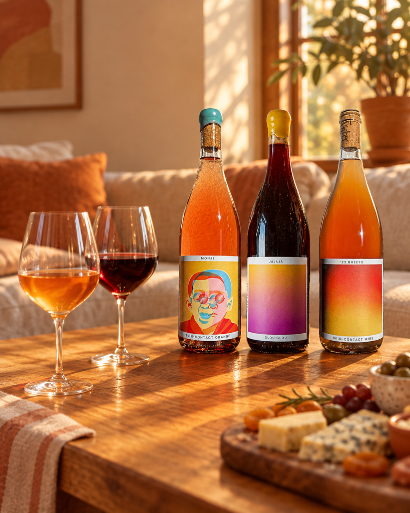 Tinto Amorio Natural Wine Sampler bottles (Monje, Jajaja, '22 Bheeyo) on a living room coffee table with wine glasses and a cheese board at golden hour