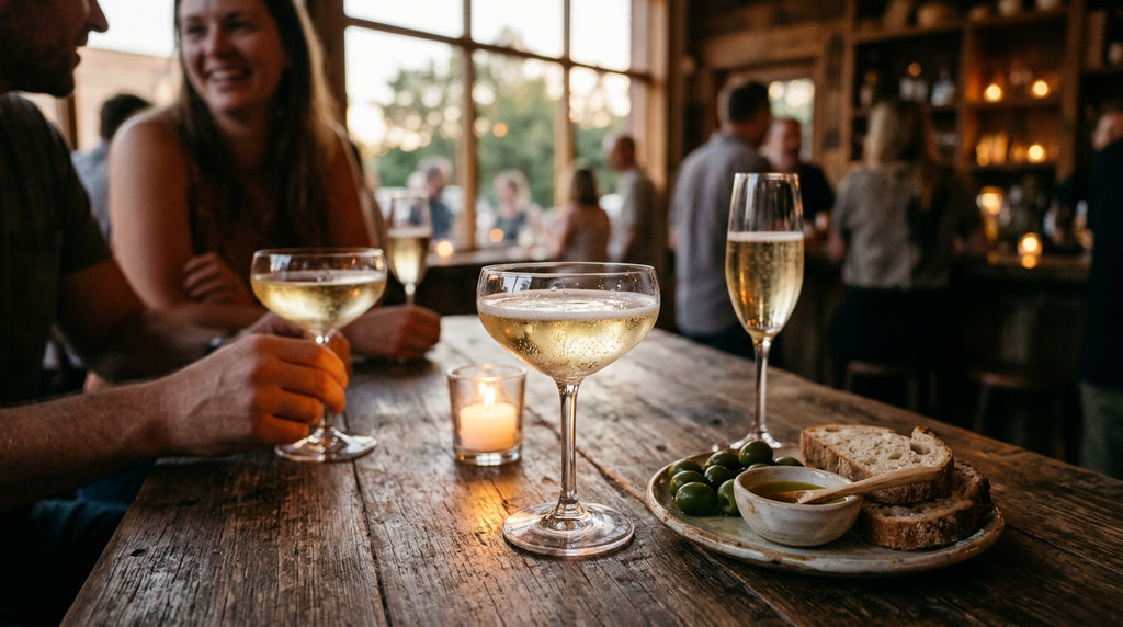 Candlelit tasting bar with coupe and flute glasses of natural sparkling wine, olives and bread — bottle-free editorial scene