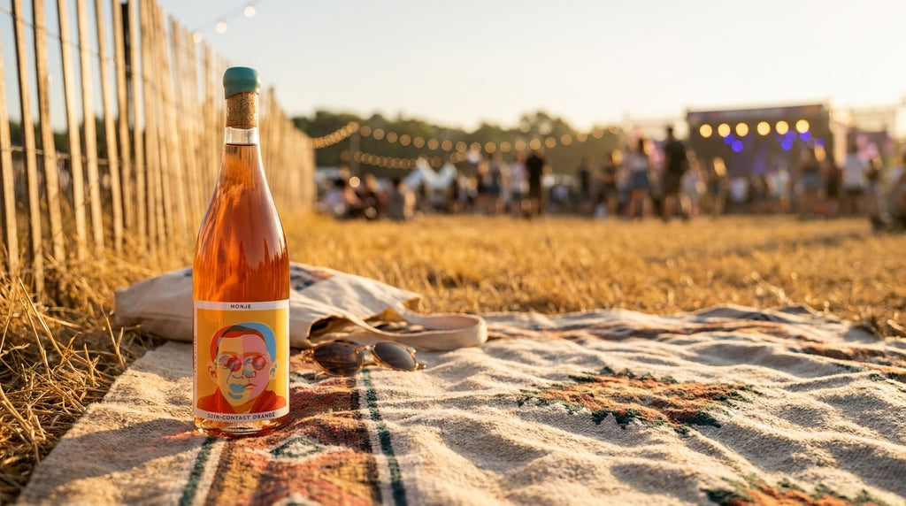 Monje orange wine bottle on a festival picnic blanket