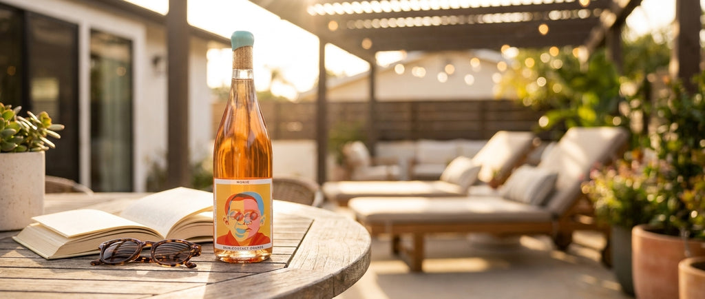 Monje skin-contact orange wine bottle on a patio table during a girls' trip weekend