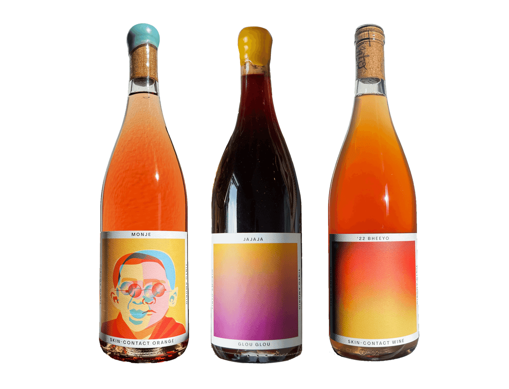 Natural wine sampler trio — Monje, Jajaja, and Bheeyo — as a realtor closing gift