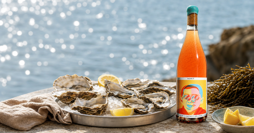 Monje Orange Wine at an oyster bar