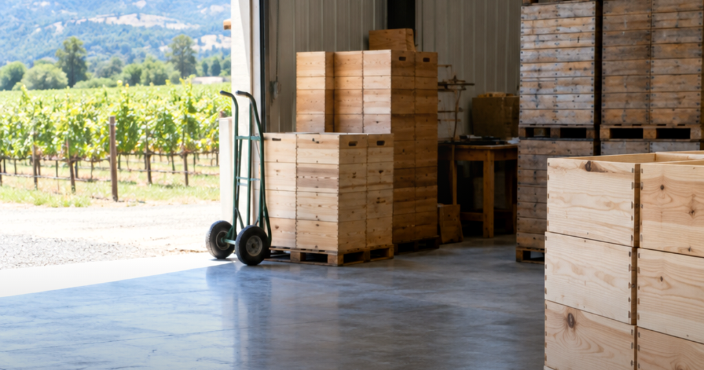 Sunlit winery warehouse with stacked wooden wine cases and a hand truck at an open roll-up door