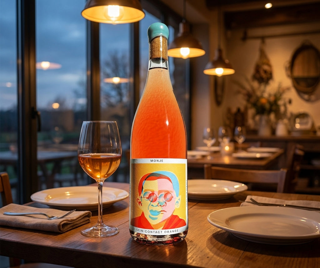 Monje skin-contact orange wine on a farm-to-table restaurant table
