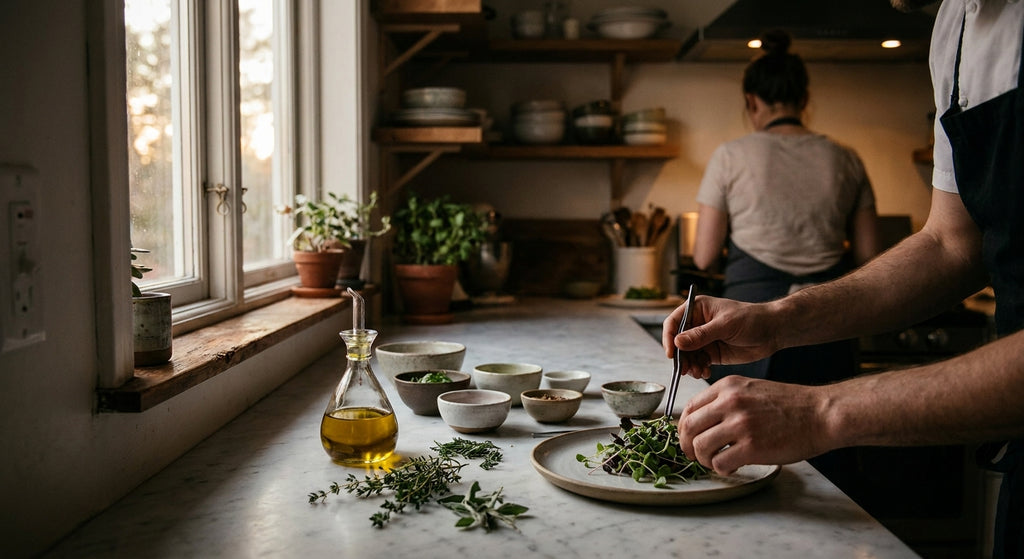 Private chef dinner service plating on a marble counter in warm evening light