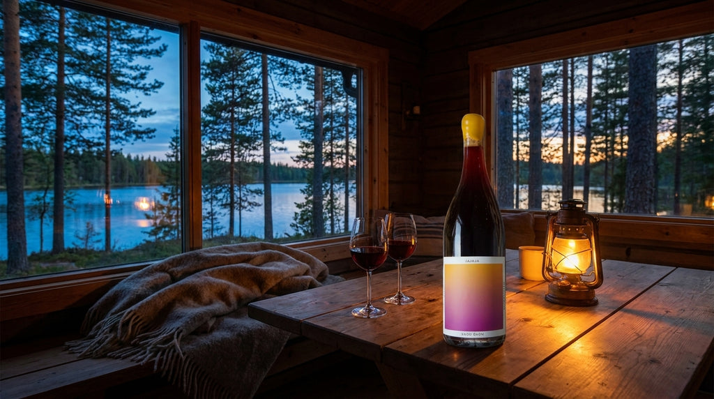 Jajaja glou glou red wine bottle on a wooden cabin table at dusk overlooking a lake