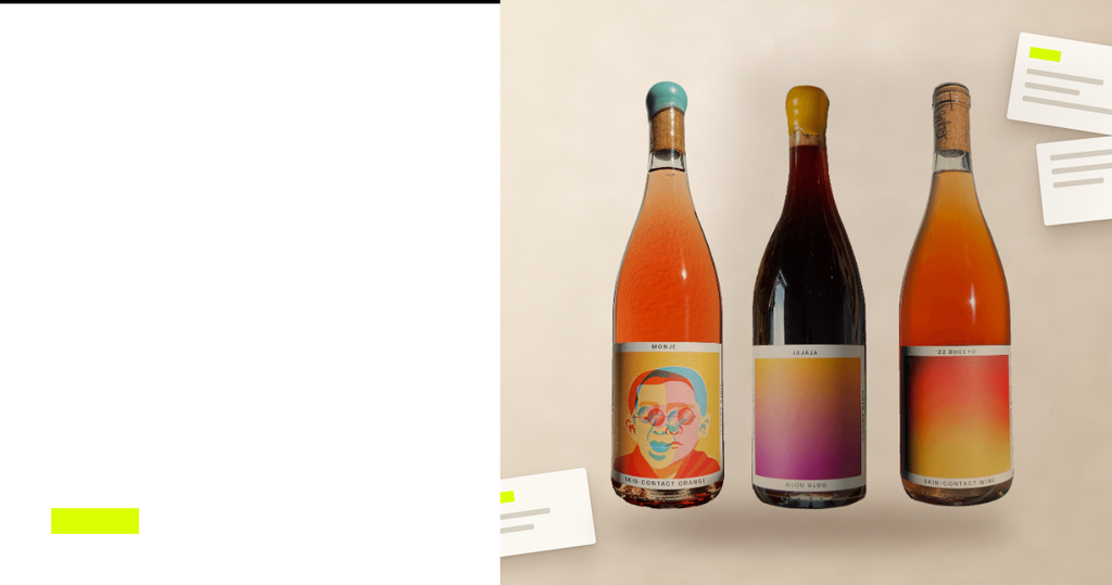 Natural Wine Sampler bottles (Monje, Jajaja, Bheeyo) on a warm plaster backdrop beside an email-flow editorial panel