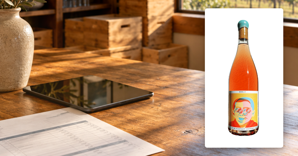 Monje orange wine bottle beside a restaurant wholesale invoice and tablet on a sunlit tasting-room table