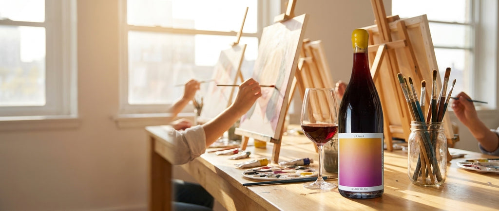 Jajaja Glou Glou red wine bottle on the table at a wine and paint night