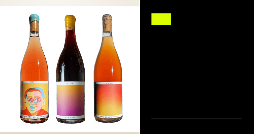 Natural Wine Sampler bottles (Monje, Jajaja, Bheeyo) composited over a wholesale cases editorial scene