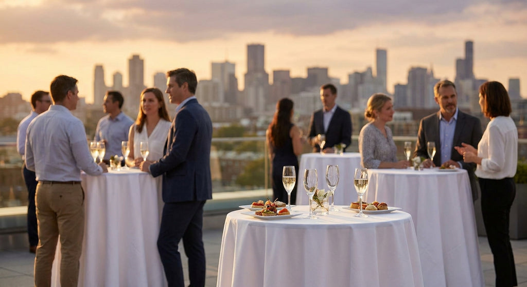 Corporate rooftop catering reception with linen tables and wine glasses at golden hour