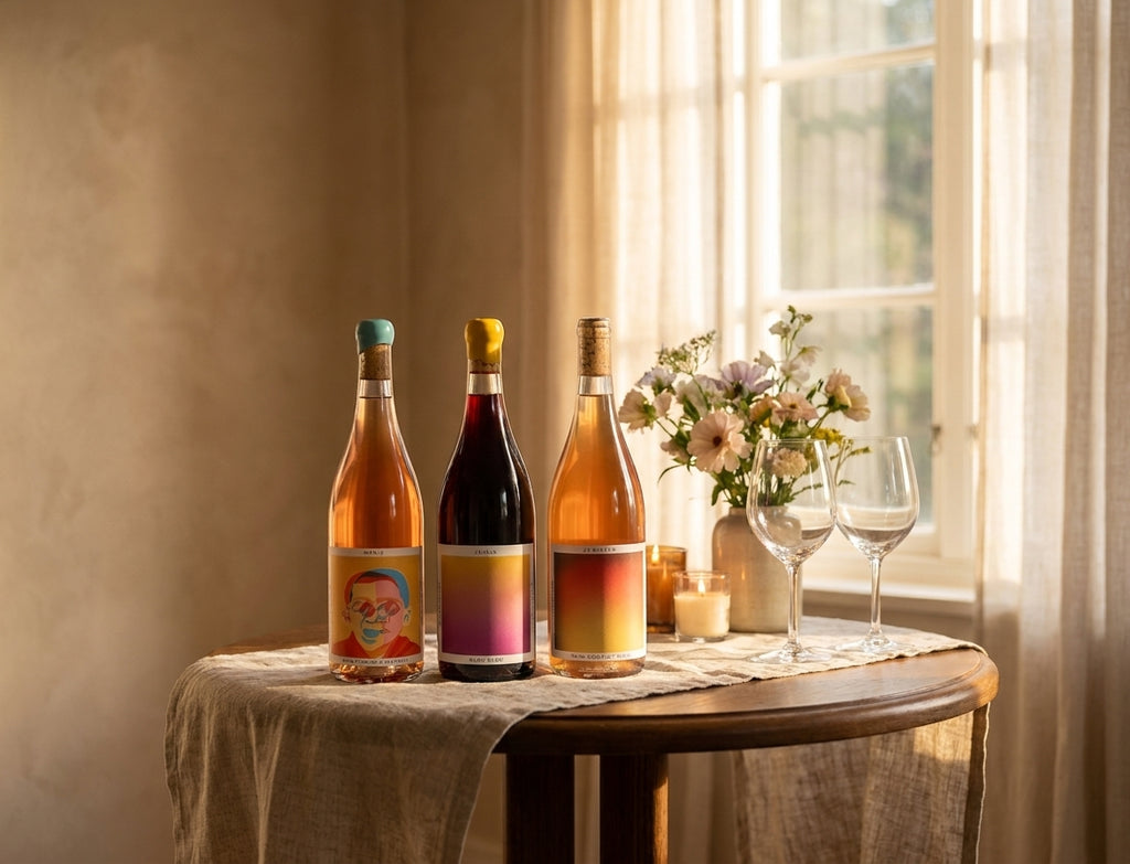 Natural Wines Sampler trio — Monje, Jajaja and Bheeyo — on a sunlit elopement celebration table