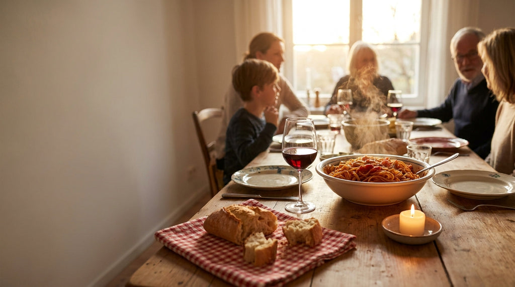 Italian family Sunday dinner table with pasta, bread and red wine