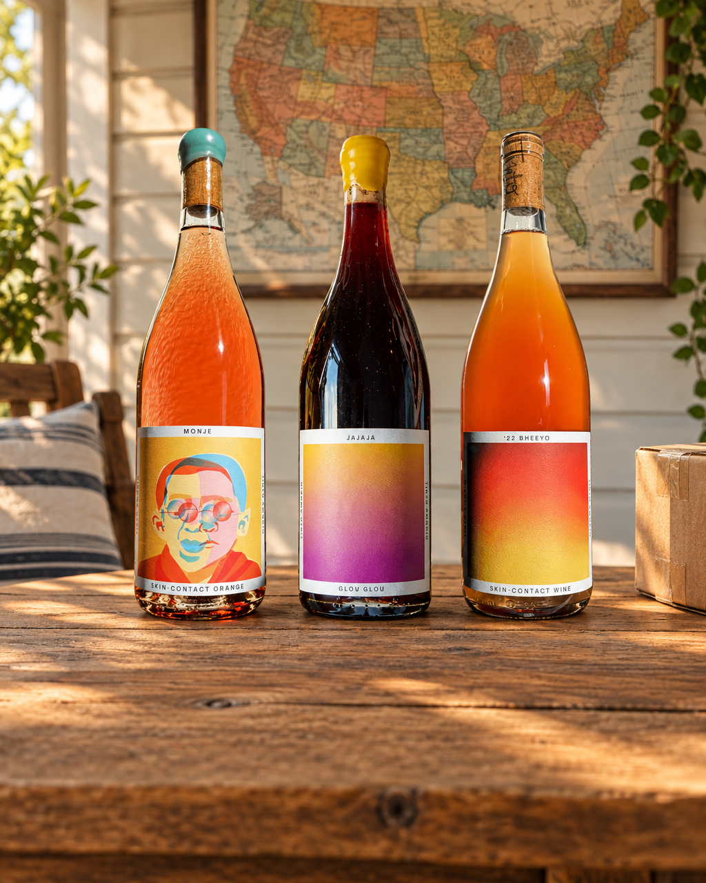 Tinto Amorio Natural Wine Sampler (Monje, Jajaja, '22 Bheeyo) on a porch table with a map of the United States and a shipping carton
