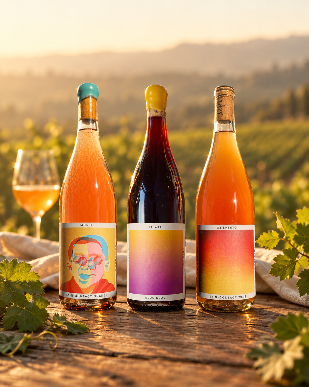 Tinto Amorio Natural Wine Sampler lineup — Monje orange, Jajaja red and '22 Bheeyo orange bottles on a vineyard table at golden hour