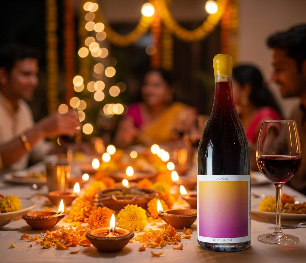 Jajaja Glou Glou red wine bottle on a Diwali dinner table with diya lamps and marigolds