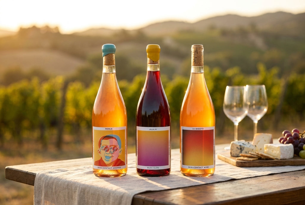 Tinto Amorio sampler — Monje orange, Jajaja red and Bheeyo orange bottles on a vineyard table at golden hour