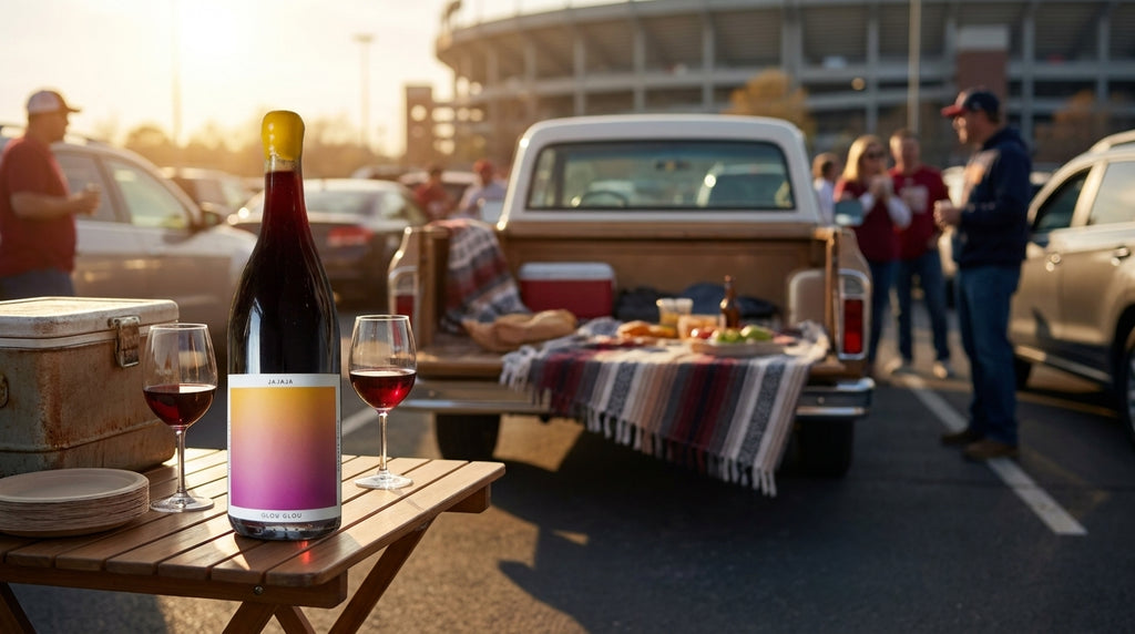 Jajaja glou glou red wine bottle on a tailgate table